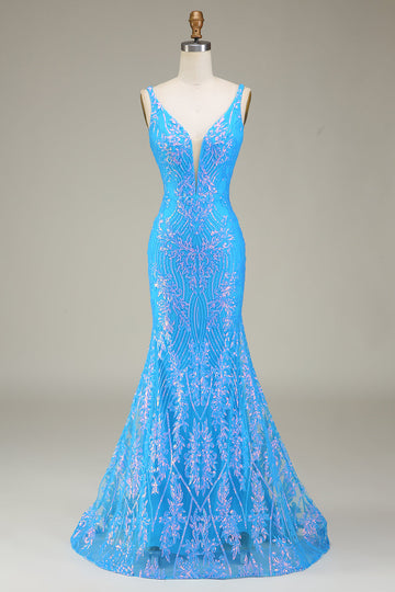 Sparkly Blue Deep V-neck Mermaid Prom Dress